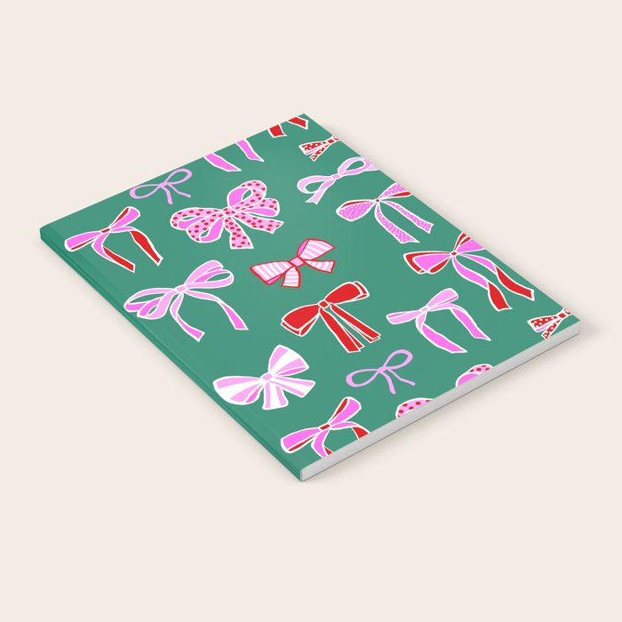 Festive Pink and Red Christmas Ribbons and Bows hand drawn Collection on Green Notebook Gallery Image 2