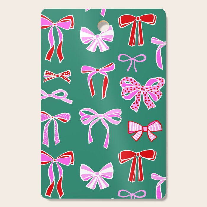 Festive Pink and Red Christmas Ribbons and Bows hand drawn Collection on Green Cutting Board Gallery Image 1