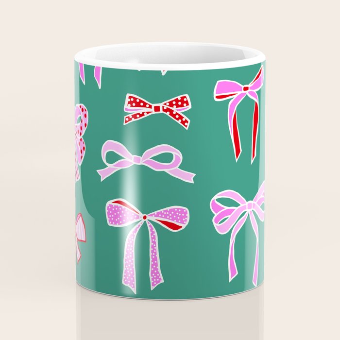 Festive Pink and Red Christmas Ribbons and Bows hand drawn Collection on Green Coffee Mug Gallery Image 4