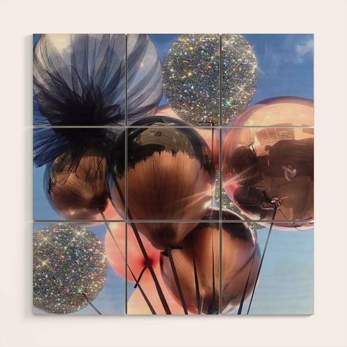 BALLOONS | happy | blue | sky | fly | glitter shine | celebrate | present | sunshine | summer | pink Wood Wall Art Gallery Image 1