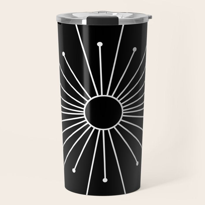 Mid Century Modern Simple Sputnik Starburst Black/White Travel Mug Gallery Image 1