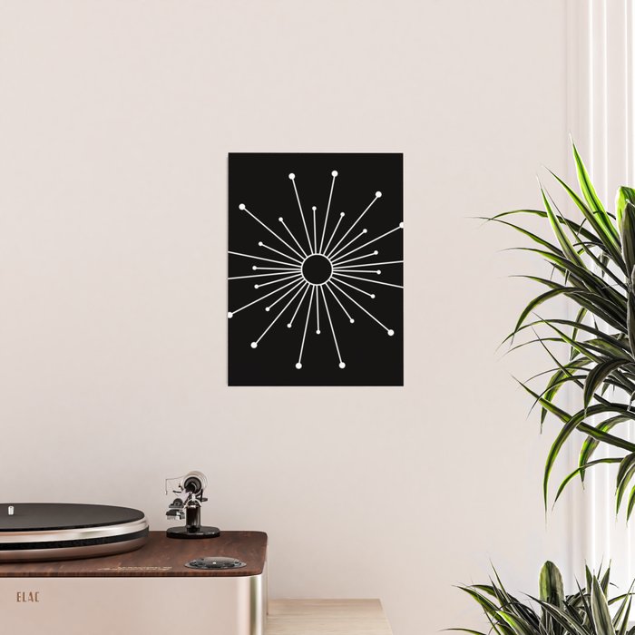 Mid Century Modern Simple Sputnik Starburst Black/White Poster Gallery Image 2
