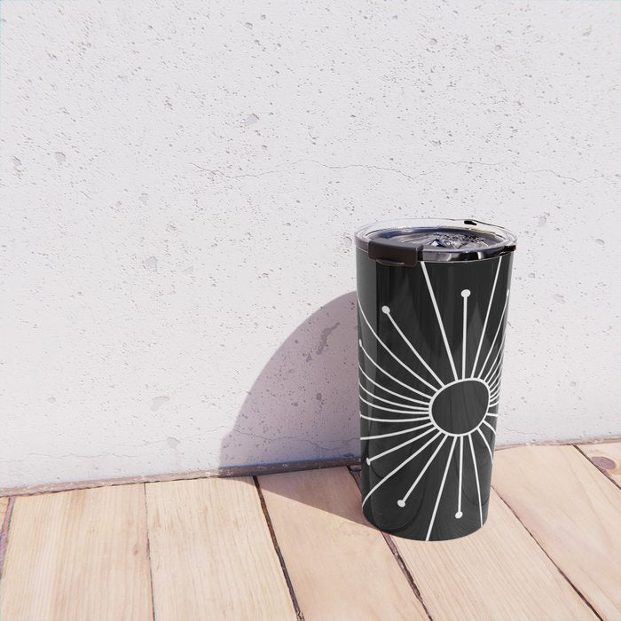 Mid Century Modern Simple Sputnik Starburst Black/White Travel Mug Gallery Image 4