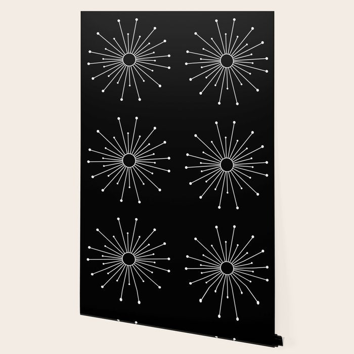 Mid Century Modern Simple Sputnik Starburst Black/White Wallpaper Gallery Image 2