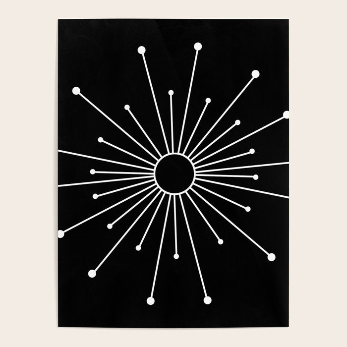 Mid Century Modern Simple Sputnik Starburst Black/White Poster Gallery Image 1