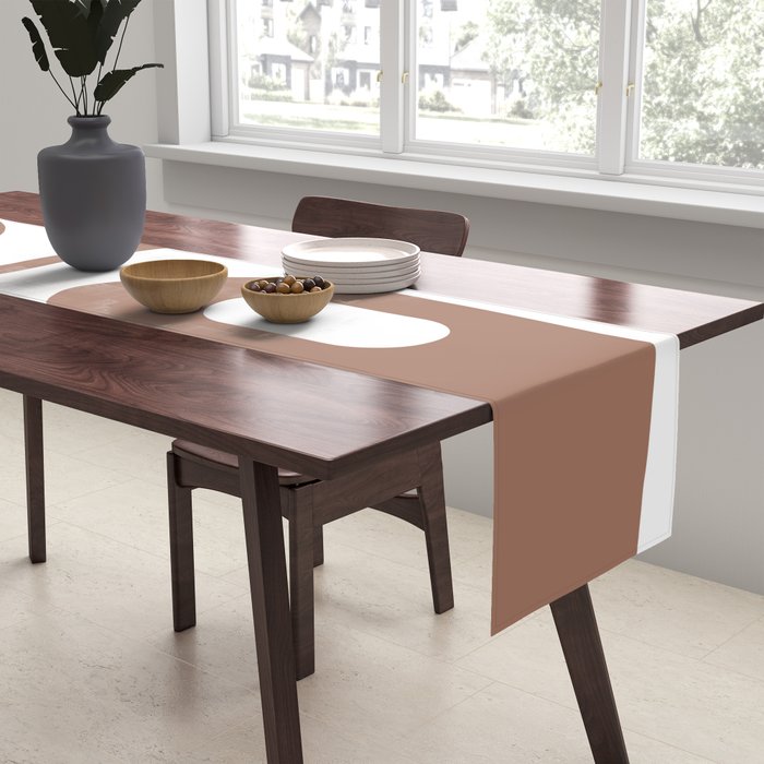 Mid Century Modern Abstract Piquet Pattern Mocha Brown and White Table Runner Gallery Image 2