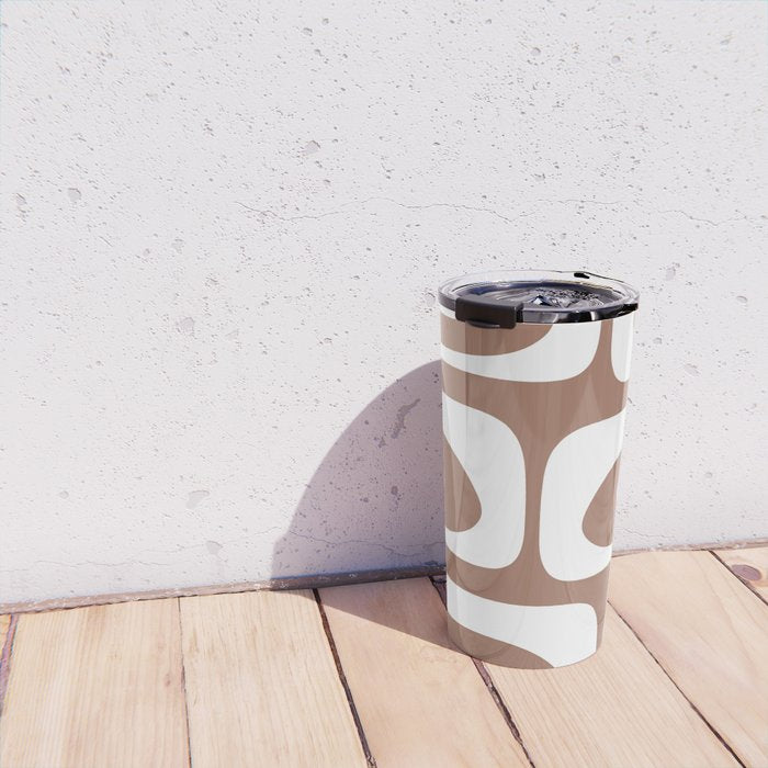 Mid Century Modern Abstract Piquet Pattern Mocha Brown and White Travel Mug Gallery Image 4