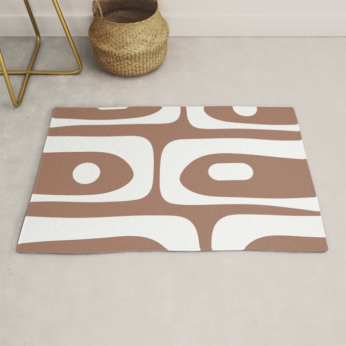 Mid Century Modern Abstract Piquet Pattern Mocha Brown and White Rug Gallery Image 1