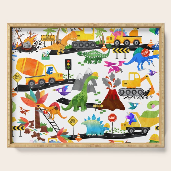 Watercolor Dinosaur Construction Crew Serving Tray Gallery Image 1