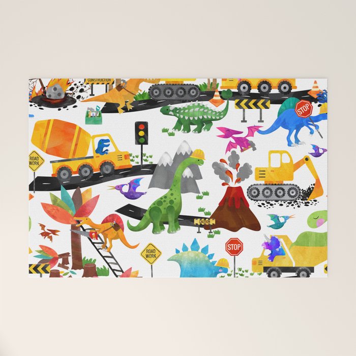 Watercolor Dinosaur Construction Crew Welcome Mat Gallery Image 1