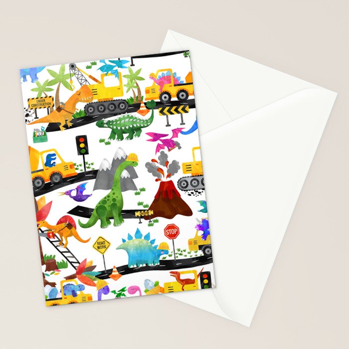 Watercolor Dinosaur Construction Crew Stationery Card Gallery Image 2