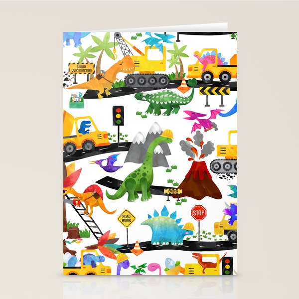 Watercolor Dinosaur Construction Crew Stationery Card Gallery Image 2