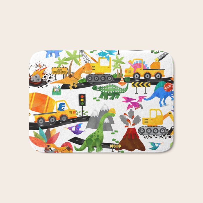Watercolor Dinosaur Construction Crew Bath Mat
