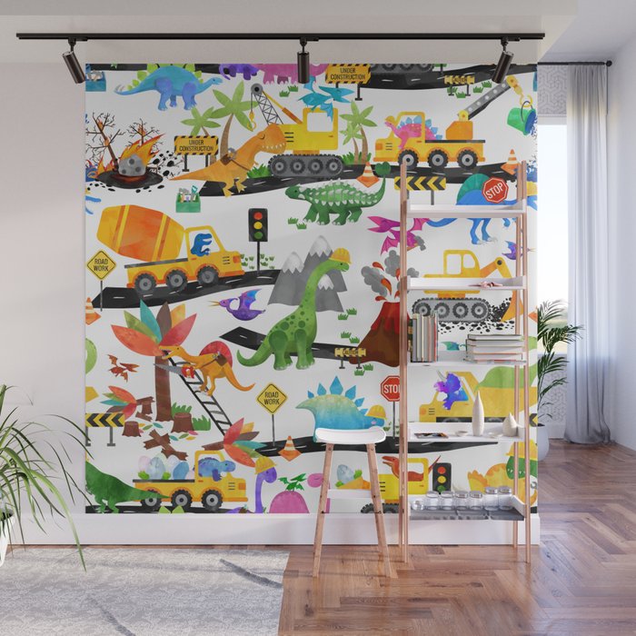 Watercolor Dinosaur Construction Crew Wall Mural Gallery Image 1