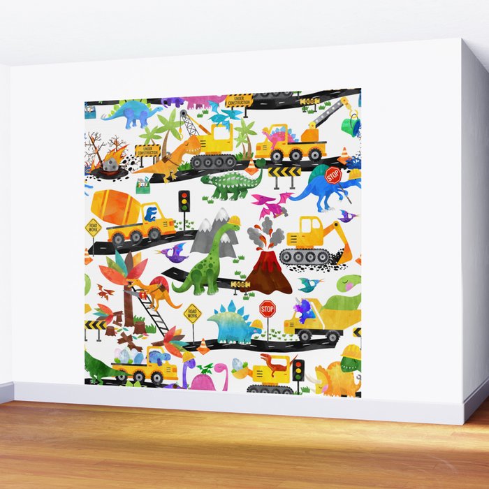 Watercolor Dinosaur Construction Crew Wall Mural Gallery Image 2