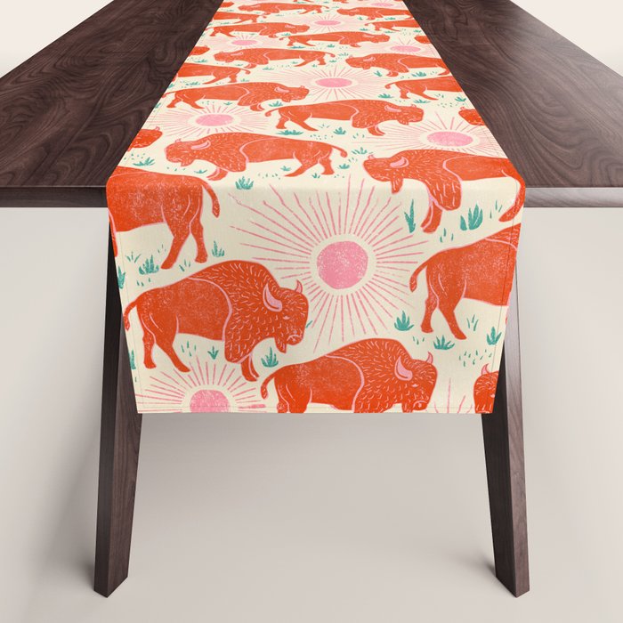 Bison - tomato red, pink, and teal, on cream Table Runner Gallery Image 1