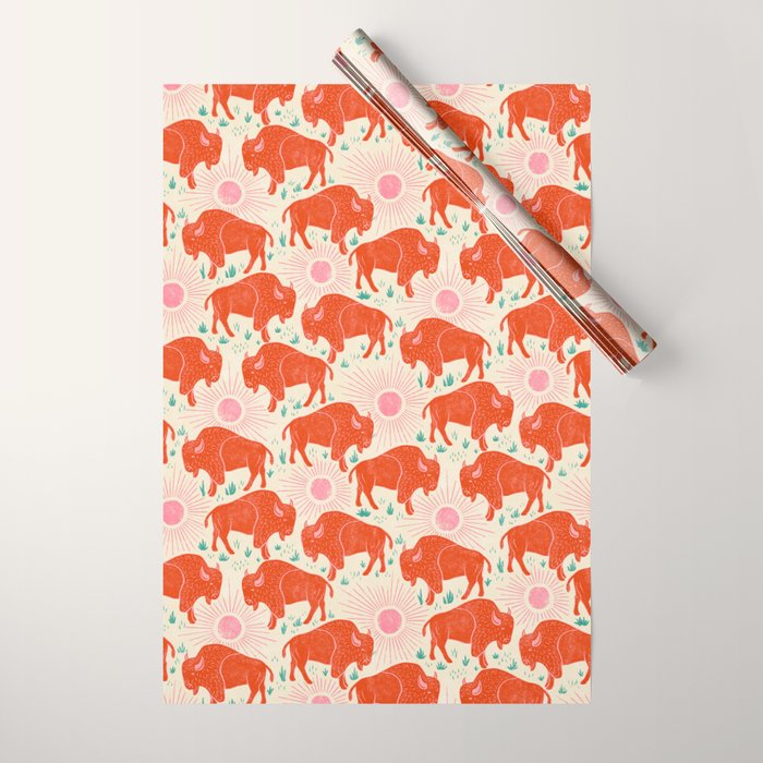 Bison - tomato red, pink, and teal, on cream Wrapping Paper Gallery Image 1