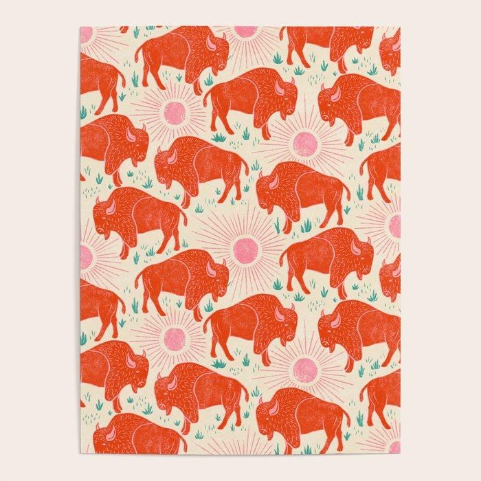 Bison - tomato red, pink, and teal, on cream Poster Gallery Image 1