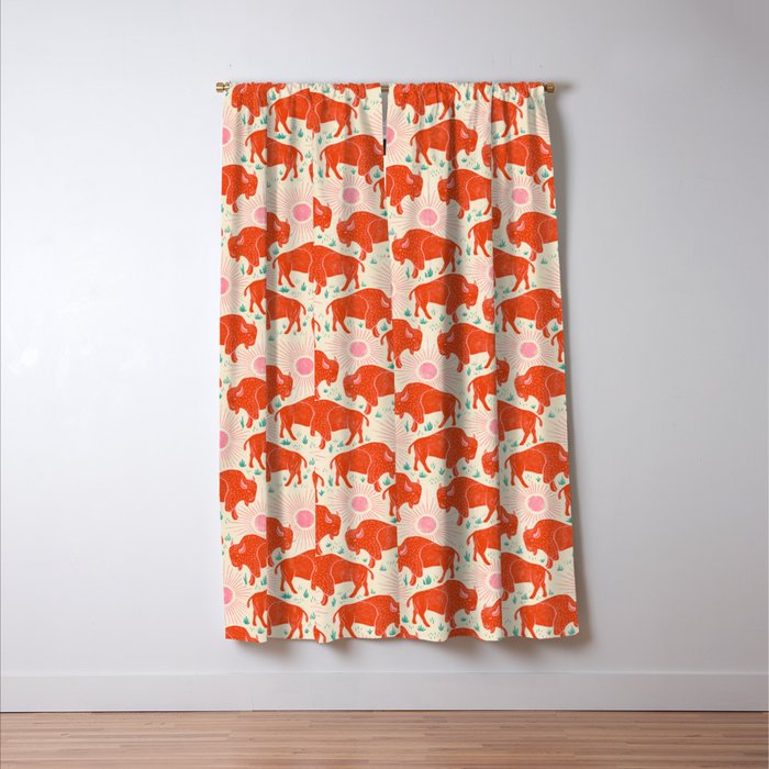 Bison - tomato red, pink, and teal, on cream Window Curtain Gallery Image 3
