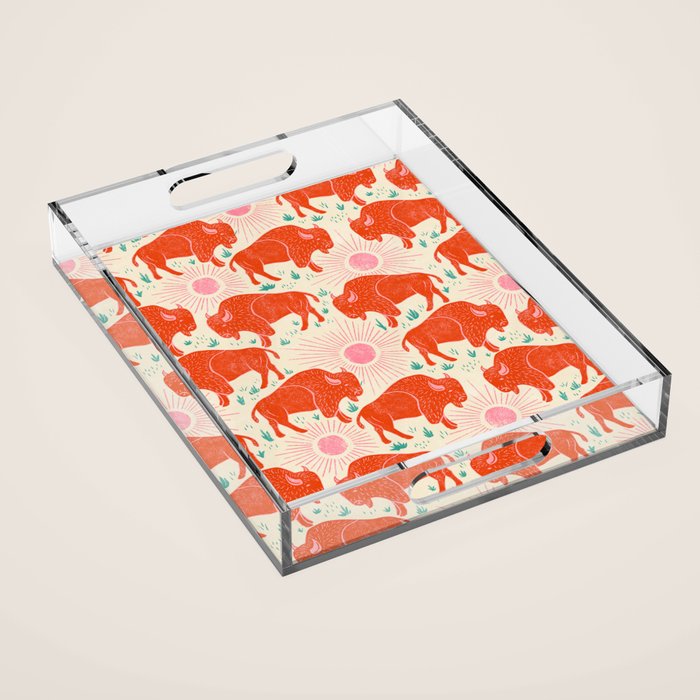Bison - tomato red, pink, and teal, on cream Acrylic Tray Gallery Image 1