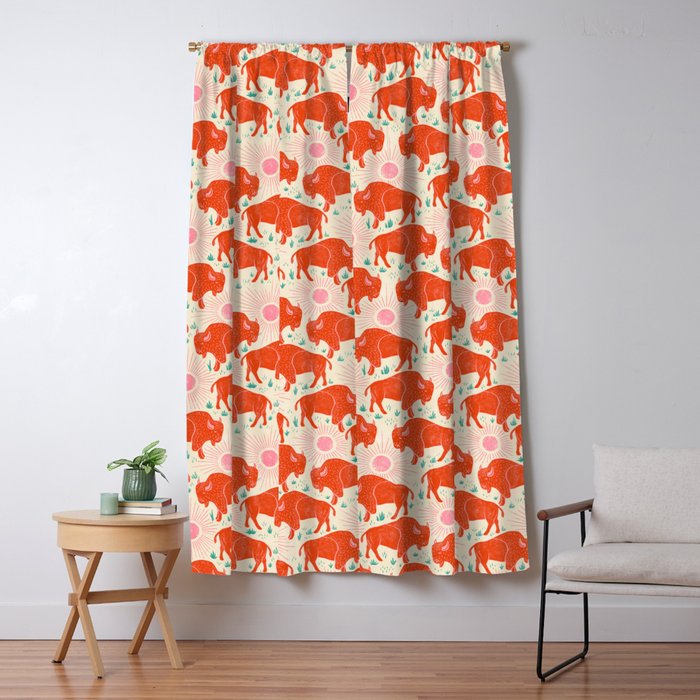 Bison - tomato red, pink, and teal, on cream Window Curtain Gallery Image 5