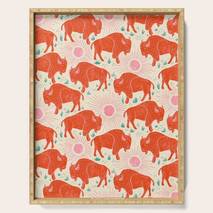 Bison - tomato red, pink, and teal, on cream Serving Tray Gallery Image 1