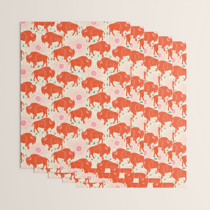 Bison - tomato red, pink, and teal, on cream Wrapping Paper Gallery Image 3