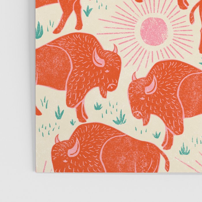 Bison - tomato red, pink, and teal, on cream Poster Gallery Image 3