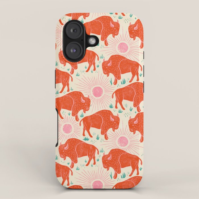 Bison - tomato red, pink, and teal, on cream iPhone Case Gallery Image 1