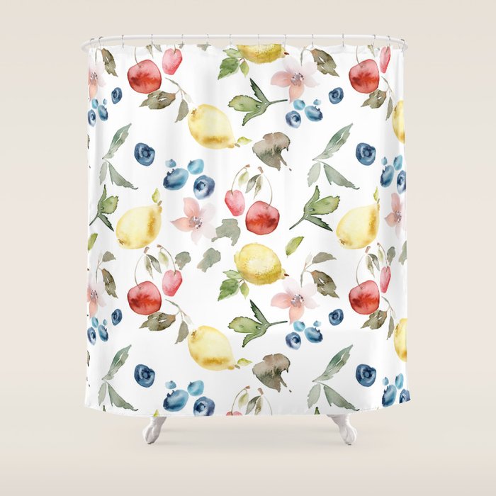 Lemon Berries and Cherries Watercolor Pattern Shower Curtain Gallery Image 1