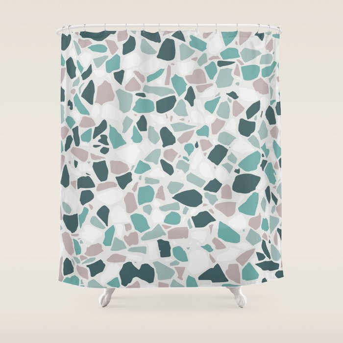 Festive, Terrazzo Mosaic Pattern, Teal, Green, Sage, Dusky Pink Shower Curtain Gallery Image 1