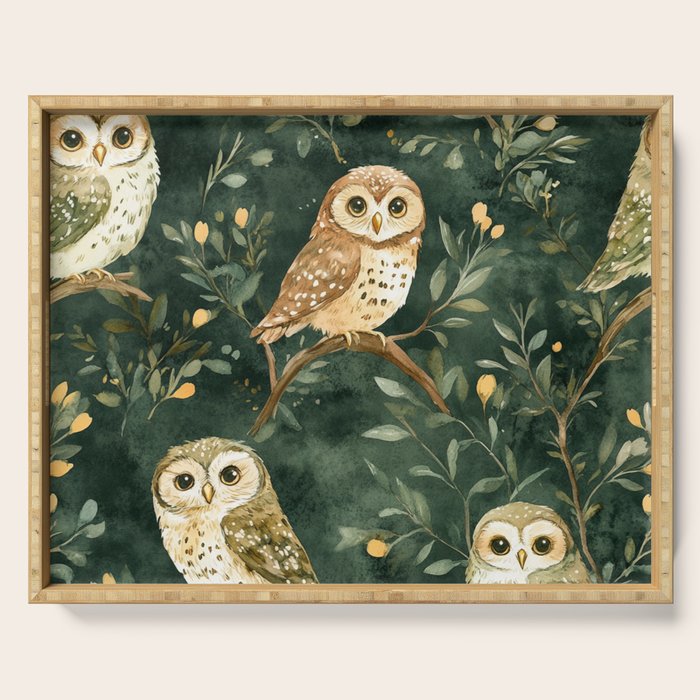 Night Forest Watercolor Dark Green Owls All Over Serving Tray Gallery Image 1