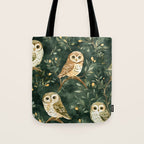Night Forest Watercolor Dark Green Owls All Over Tote Bag Gallery Image 1