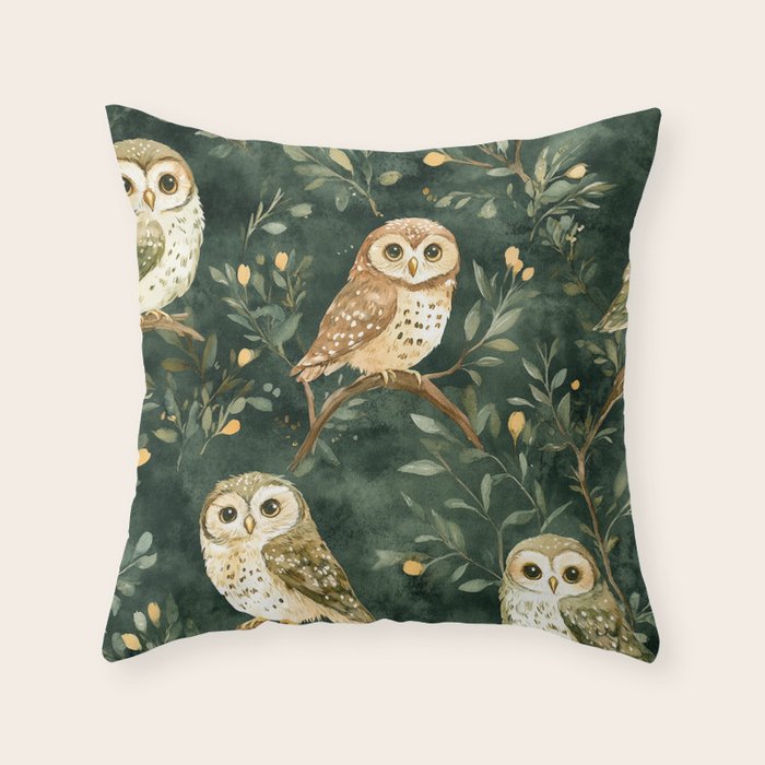 Night Forest Watercolor Dark Green Owls All Over Throw Pillow Gallery Image 1