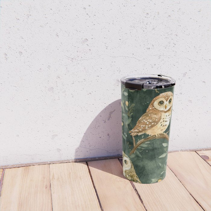 Night Forest Watercolor Dark Green Owls All Over Travel Mug Gallery Image 4