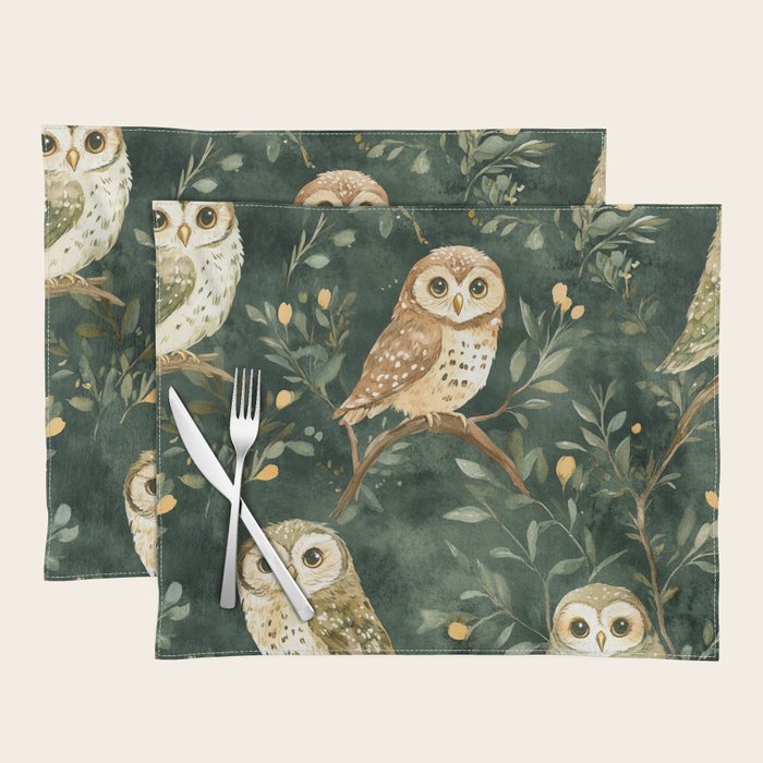 Night Forest Watercolor Dark Green Owls All Over Placemat Gallery Image 1