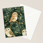 Night Forest Watercolor Dark Green Owls All Over Stationery Card Gallery Image 2