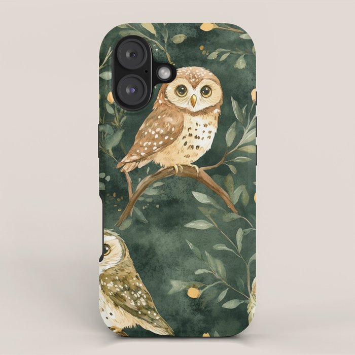 Night Forest Watercolor Dark Green Owls All Over iPhone Case Gallery Image 1