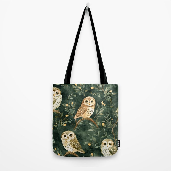 Night Forest Watercolor Dark Green Owls All Over Tote Bag Gallery Image 2