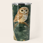 Night Forest Watercolor Dark Green Owls All Over Travel Mug Gallery Image 1