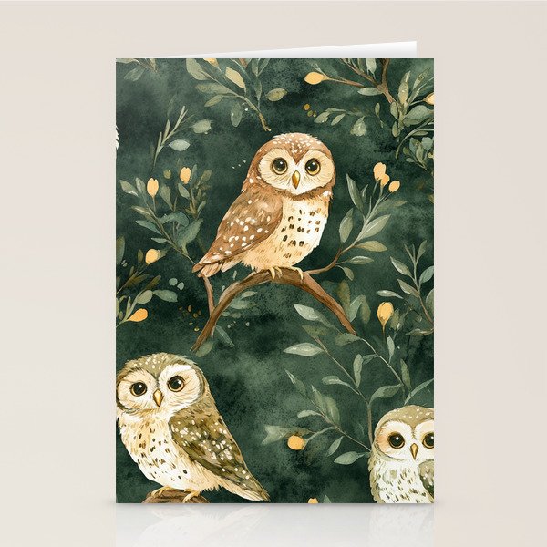 Night Forest Watercolor Dark Green Owls All Over Stationery Card Gallery Image 2