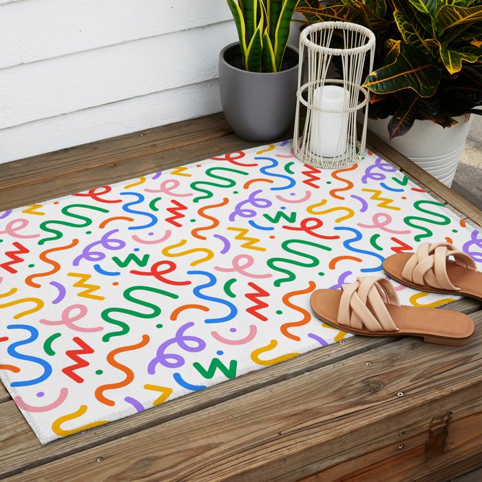 Colorful fun line doodle art pattern Outdoor Rug Gallery Image 2