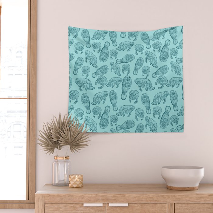 Manatees - Teal Wall Tapestry Gallery Image 2