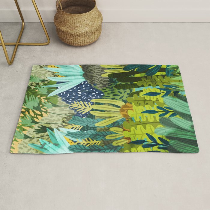 Wild Jungle Painting, Forest Dark Botanical Nature, Plants Tropical Eclectic Modern Illustration Rug Gallery Image 1