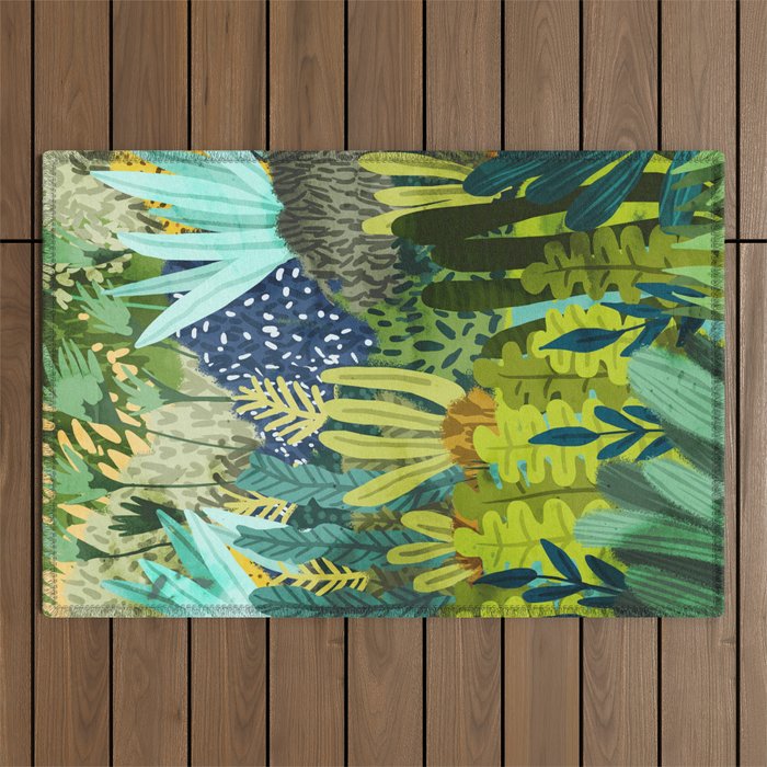 Wild Jungle Painting, Forest Dark Botanical Nature, Plants Tropical Eclectic Modern Illustration Outdoor Rug Gallery Image 1