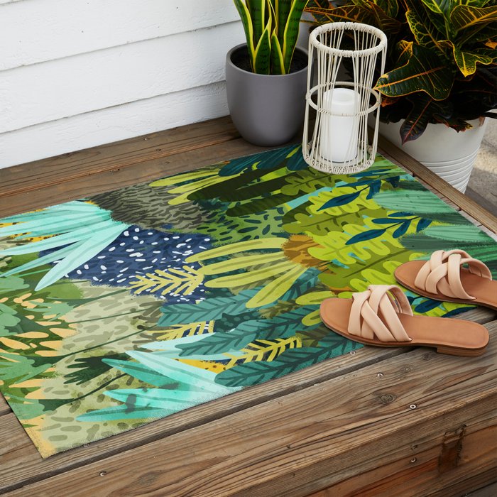 Wild Jungle Painting, Forest Dark Botanical Nature, Plants Tropical Eclectic Modern Illustration Outdoor Rug Gallery Image 2