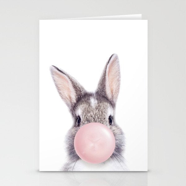 Bunny Rabbit Blowing Bubble Gum, Pink Nursery, Baby Animals Art Print by Synplus Stationery Card Gallery Image 2
