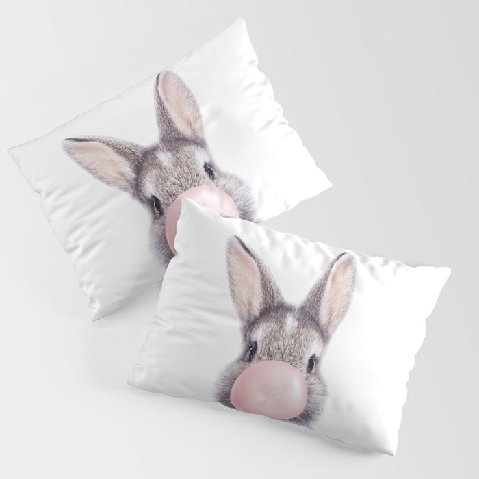 Bunny Rabbit Blowing Bubble Gum, Pink Nursery, Baby Animals Art Print by Synplus Pillow Sham Gallery Image 1