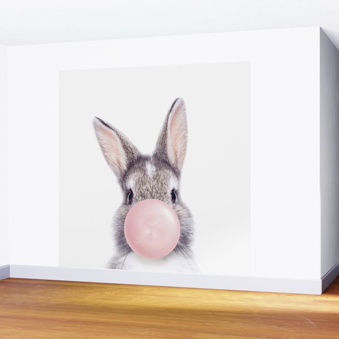 Bunny Rabbit Blowing Bubble Gum, Pink Nursery, Baby Animals Art Print by Synplus Wall Mural Gallery Image 2
