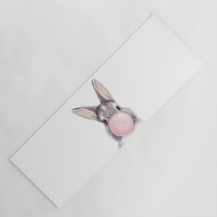Bunny Rabbit Blowing Bubble Gum, Pink Nursery, Baby Animals Art Print by Synplus Yoga Mat Gallery Image 1